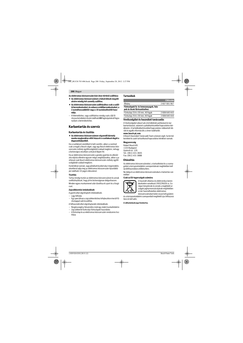 Karbantartás és szerviz | Bosch PTS 10 User Manual | Page 200 / 309