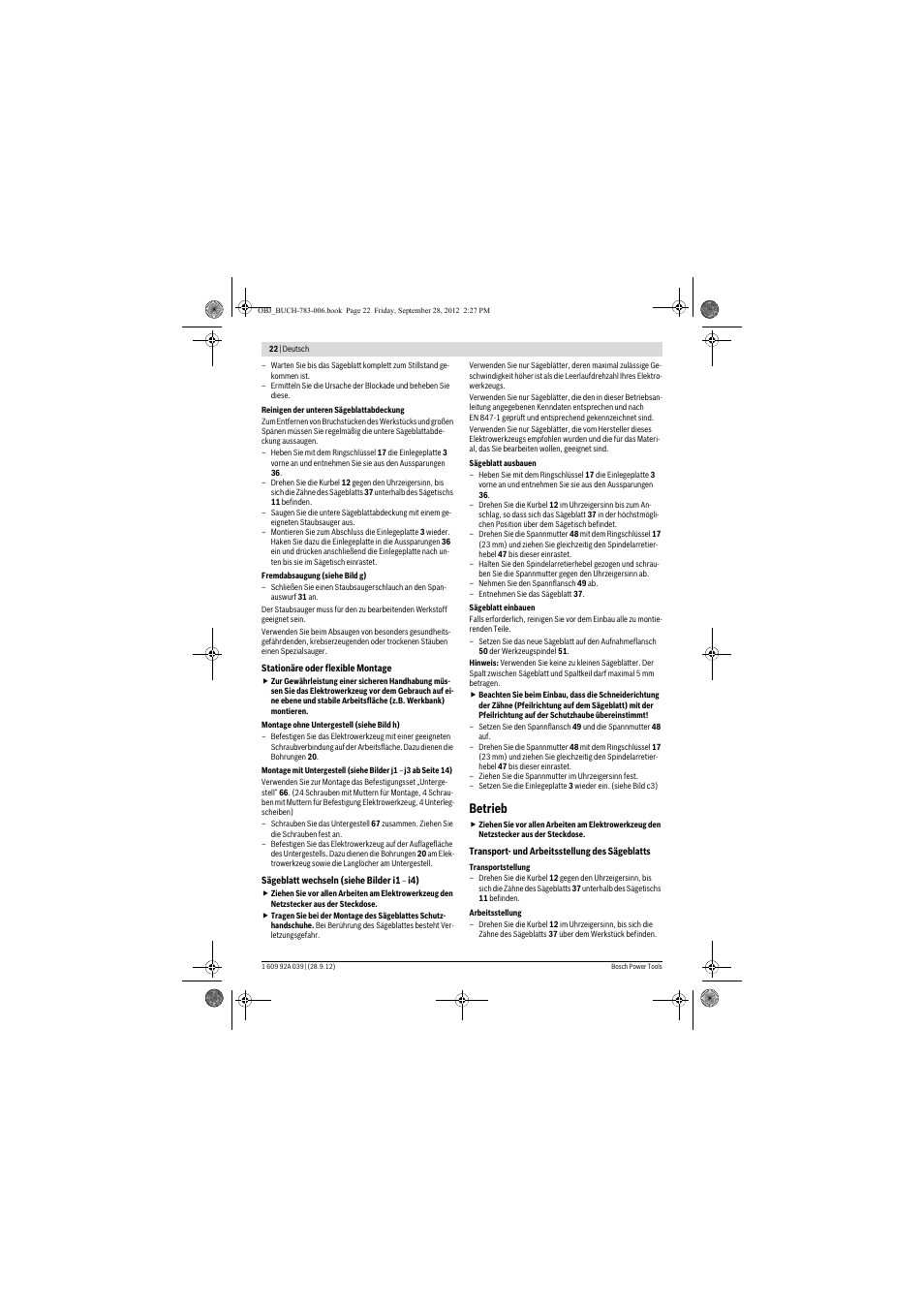 Betrieb | Bosch PTS 10 User Manual | Page 22 / 309