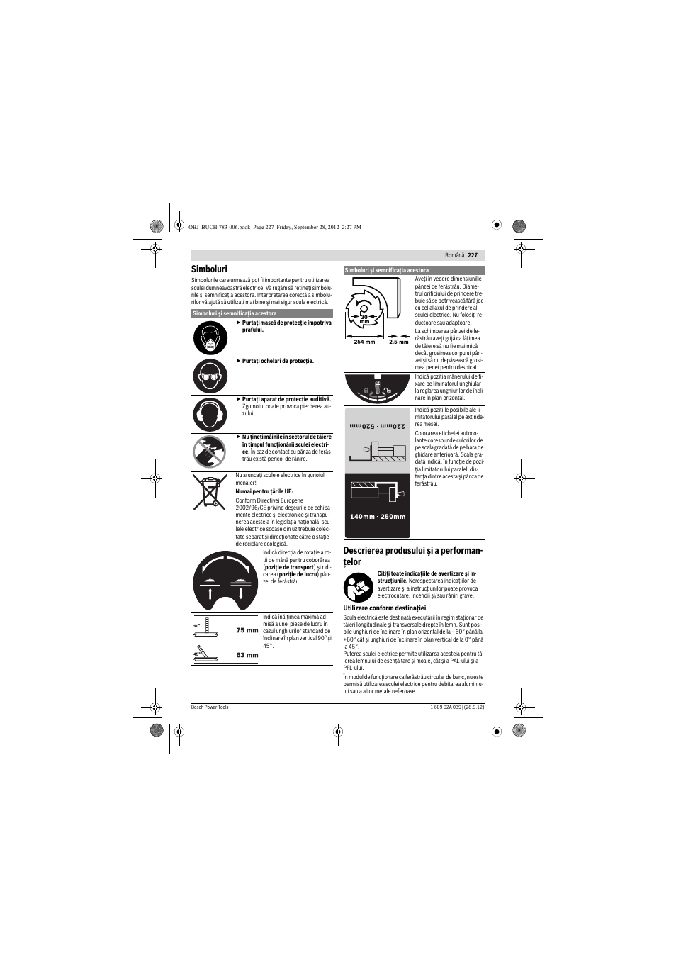 Simboluri, Descrierea produsului şi a performan- ţelor | Bosch PTS 10 User Manual | Page 227 / 309