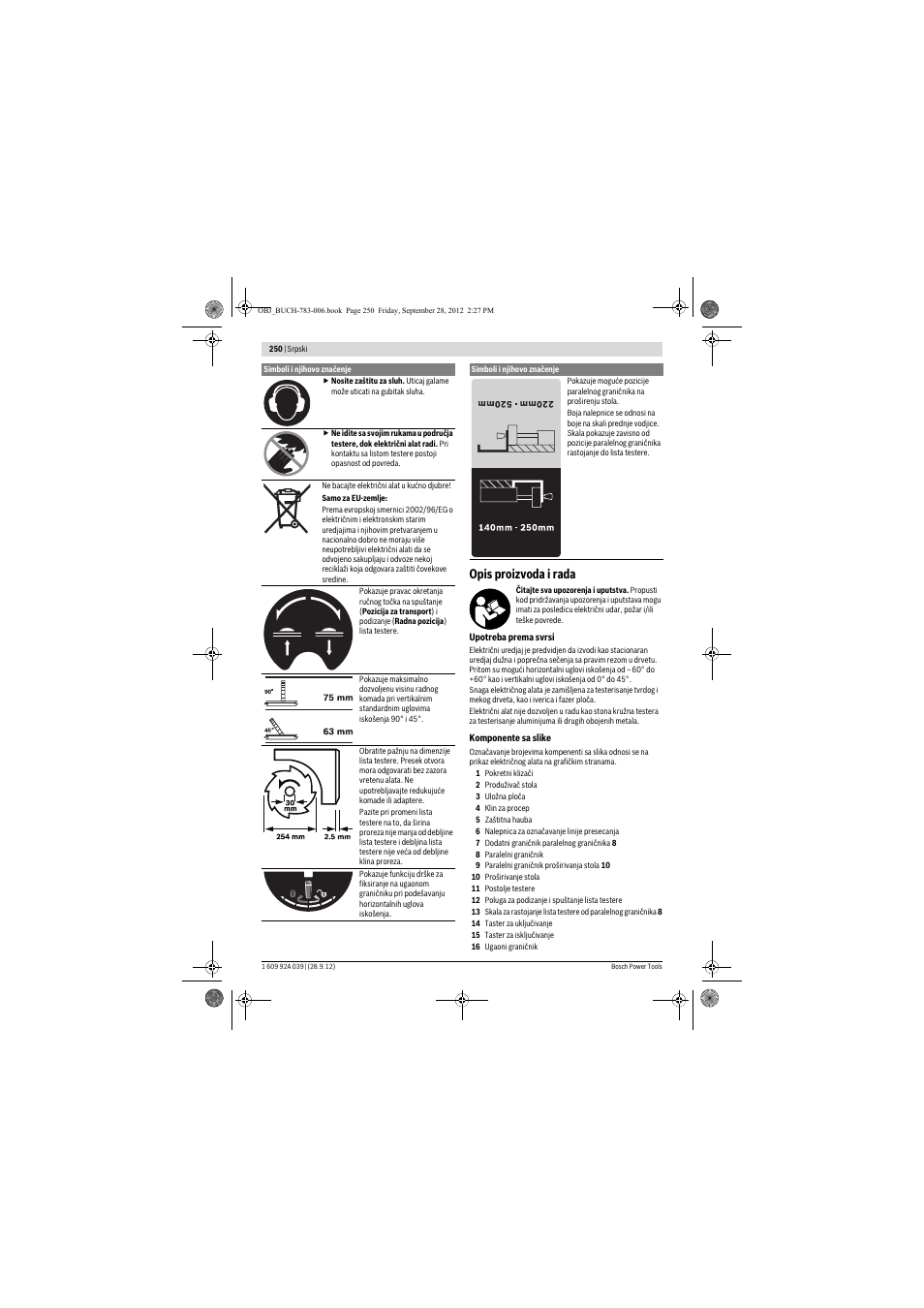 Opis proizvoda i rada | Bosch PTS 10 User Manual | Page 250 / 309