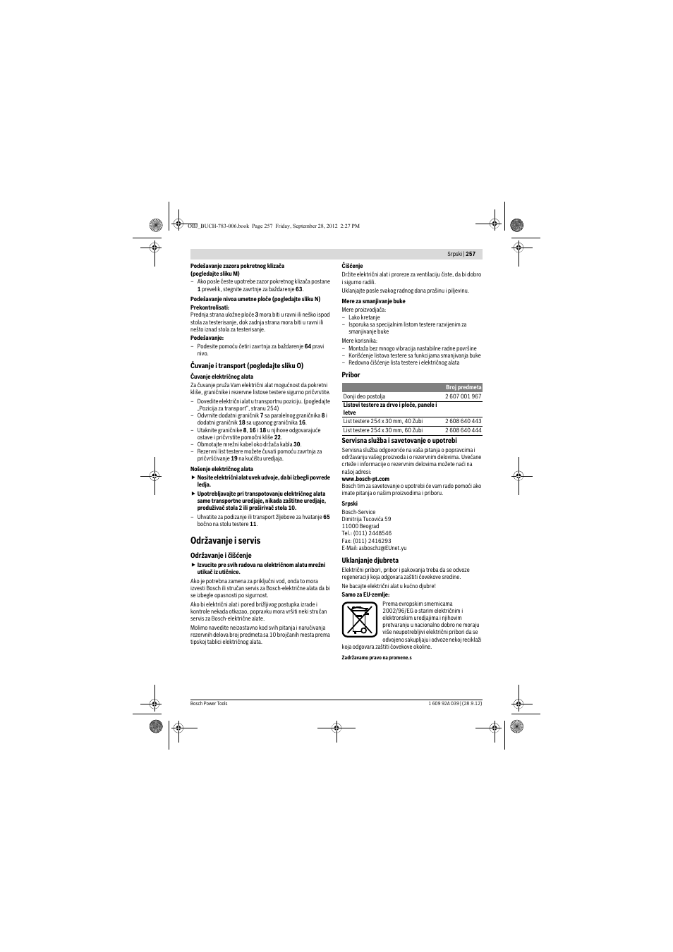 Održavanje i servis | Bosch PTS 10 User Manual | Page 257 / 309