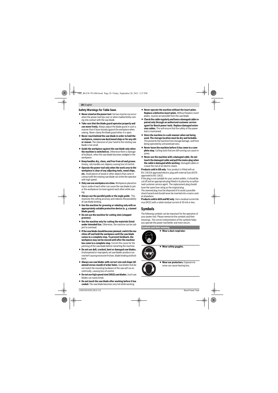 Symbols | Bosch PTS 10 User Manual | Page 28 / 309