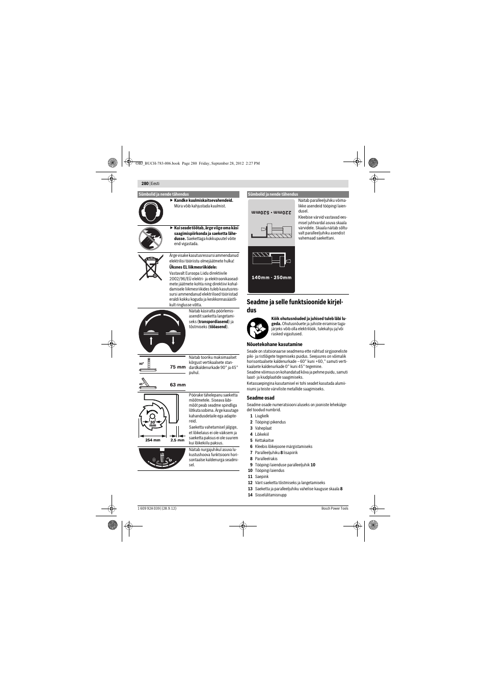 Seadme ja selle funktsioonide kirjel- dus | Bosch PTS 10 User Manual | Page 280 / 309