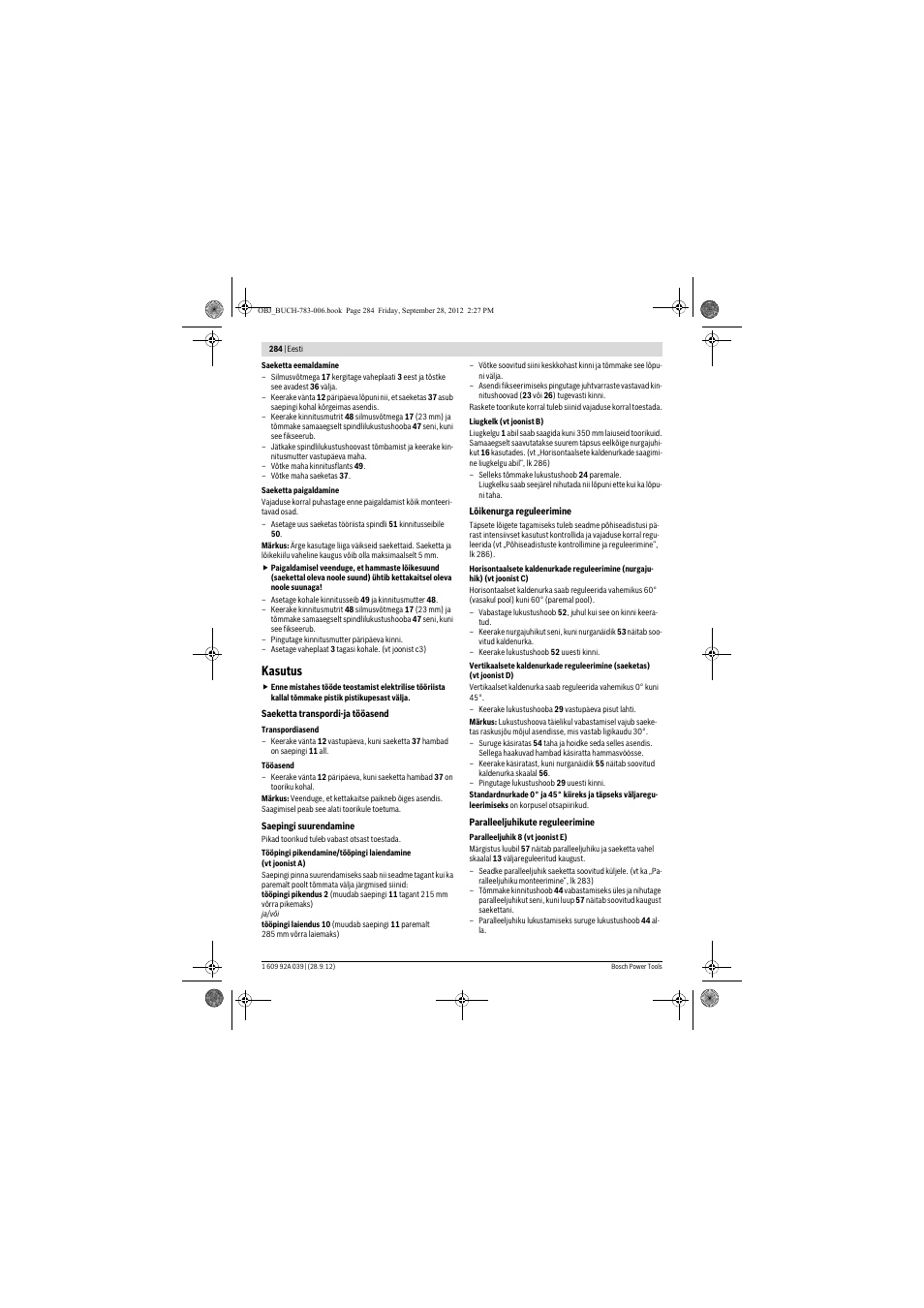 Kasutus | Bosch PTS 10 User Manual | Page 284 / 309