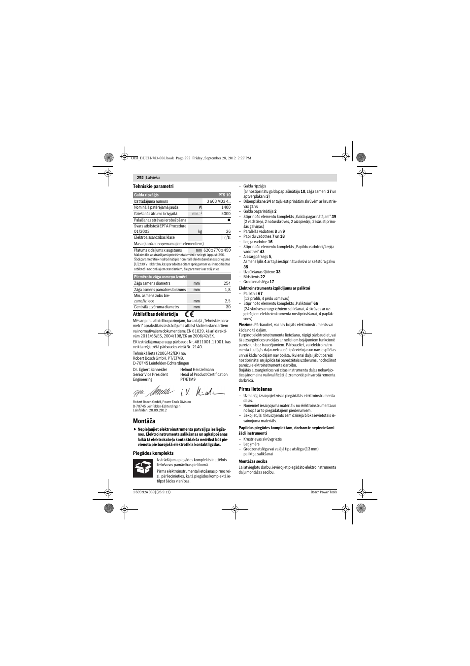 Montāža | Bosch PTS 10 User Manual | Page 292 / 309