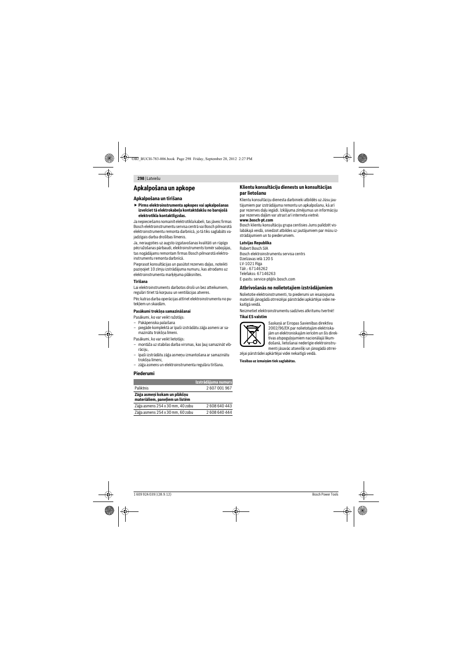 Apkalpošana un apkope | Bosch PTS 10 User Manual | Page 298 / 309