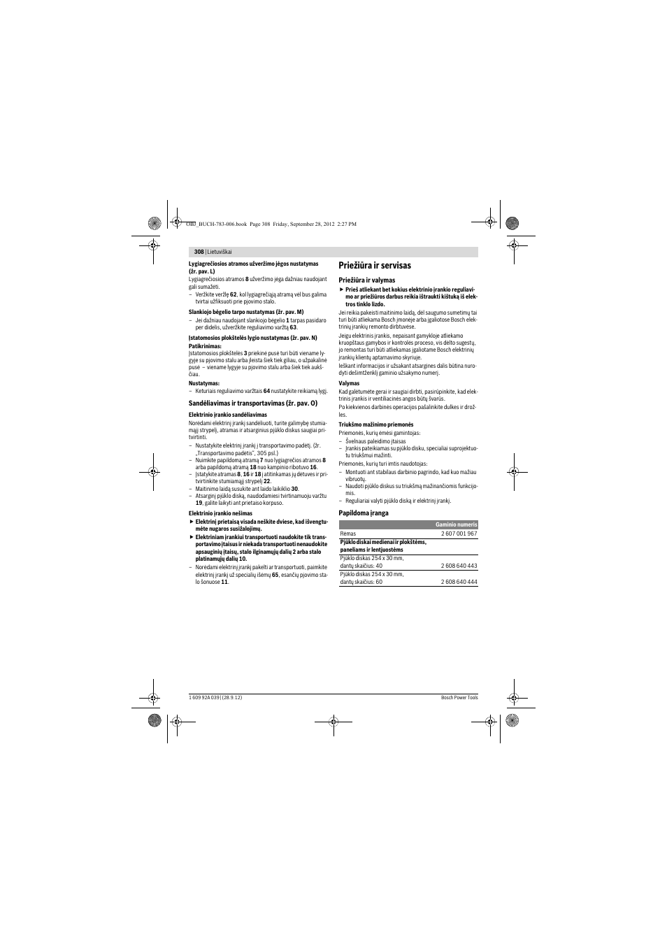 Priežiūra ir servisas | Bosch PTS 10 User Manual | Page 308 / 309