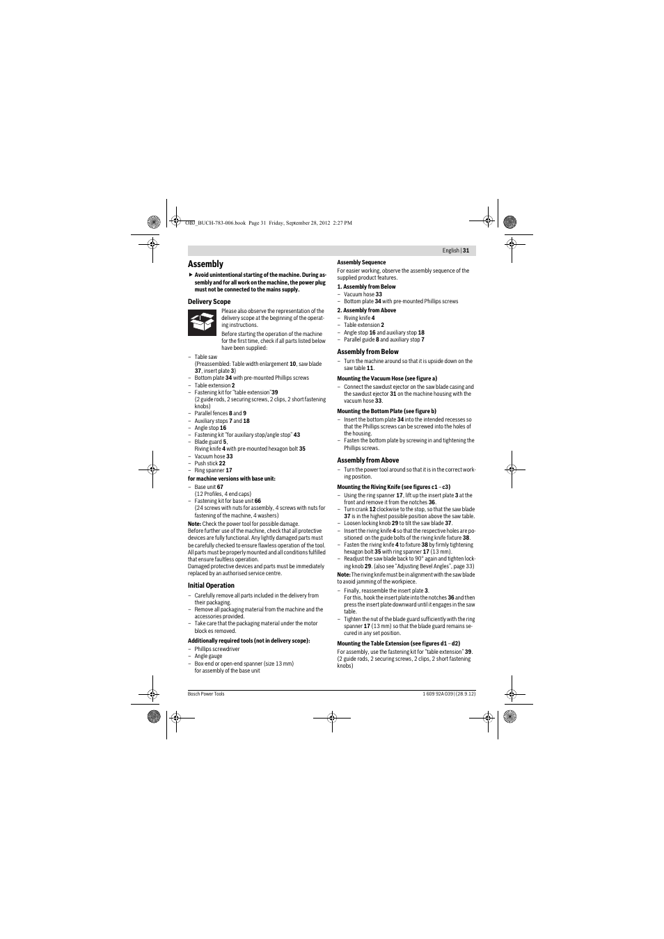 Assembly | Bosch PTS 10 User Manual | Page 31 / 309