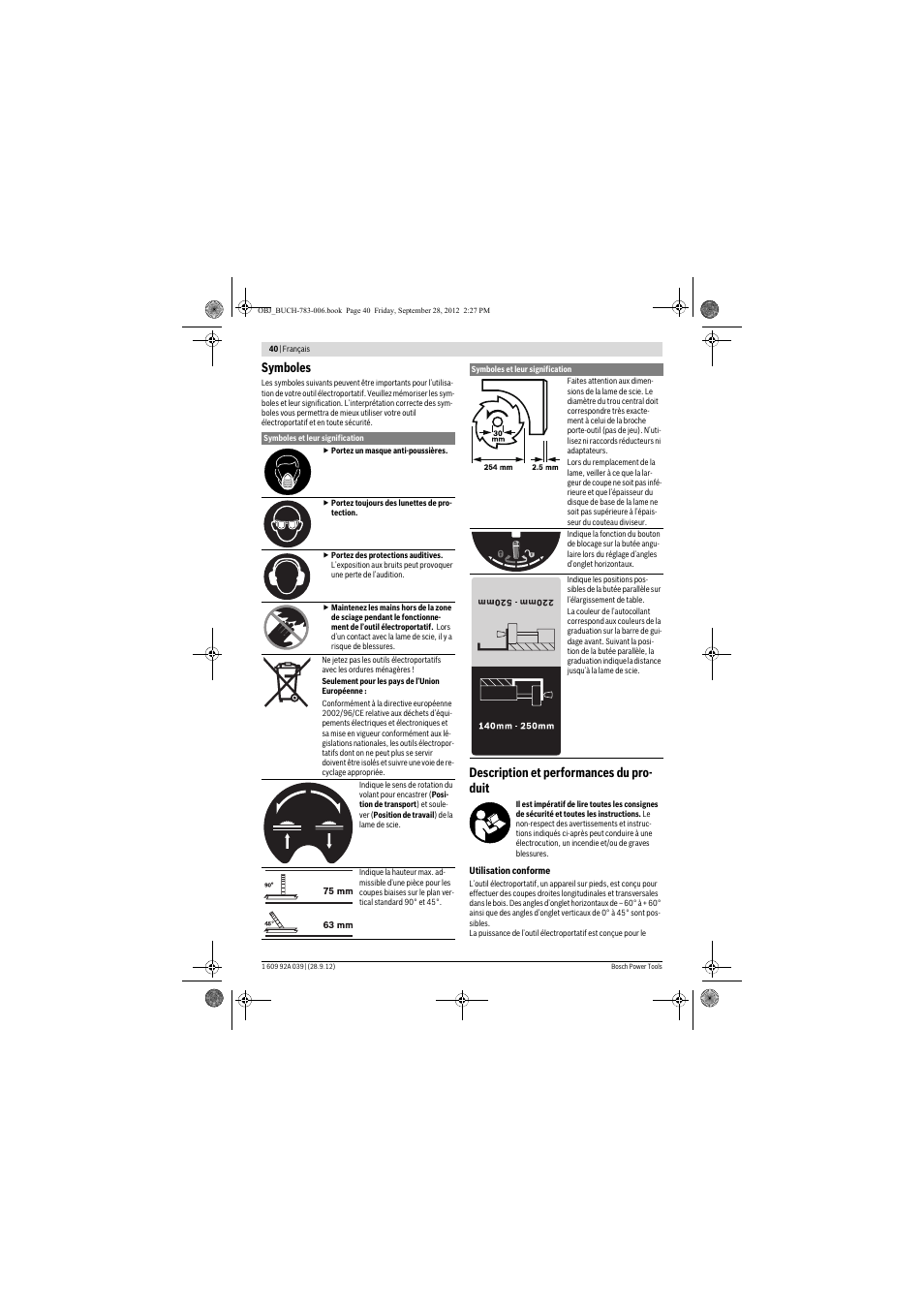 Symboles, Description et performances du pro- duit | Bosch PTS 10 User Manual | Page 40 / 309