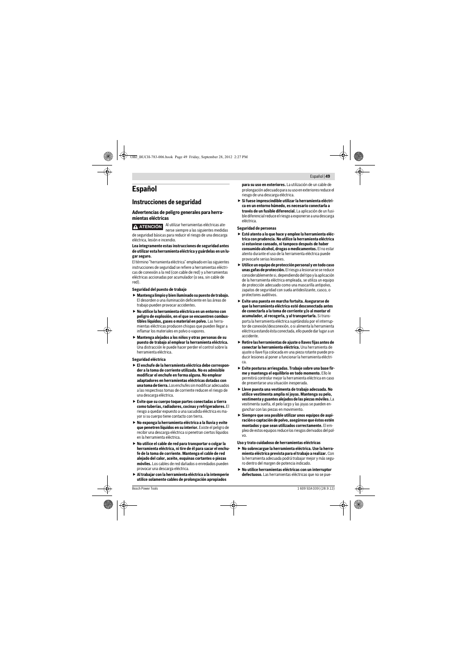 Español, Instrucciones de seguridad | Bosch PTS 10 User Manual | Page 49 / 309