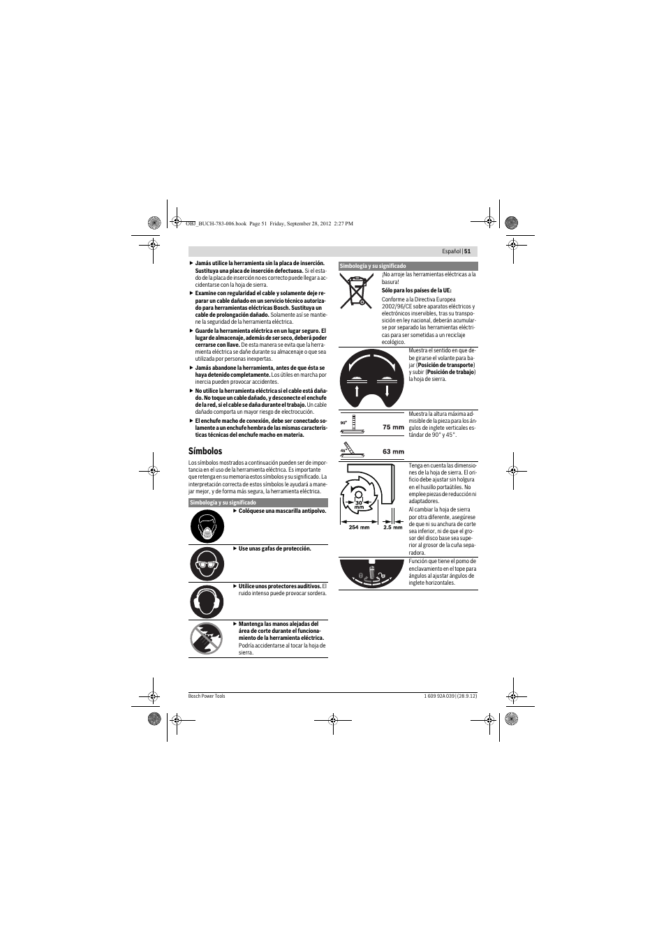 Símbolos | Bosch PTS 10 User Manual | Page 51 / 309