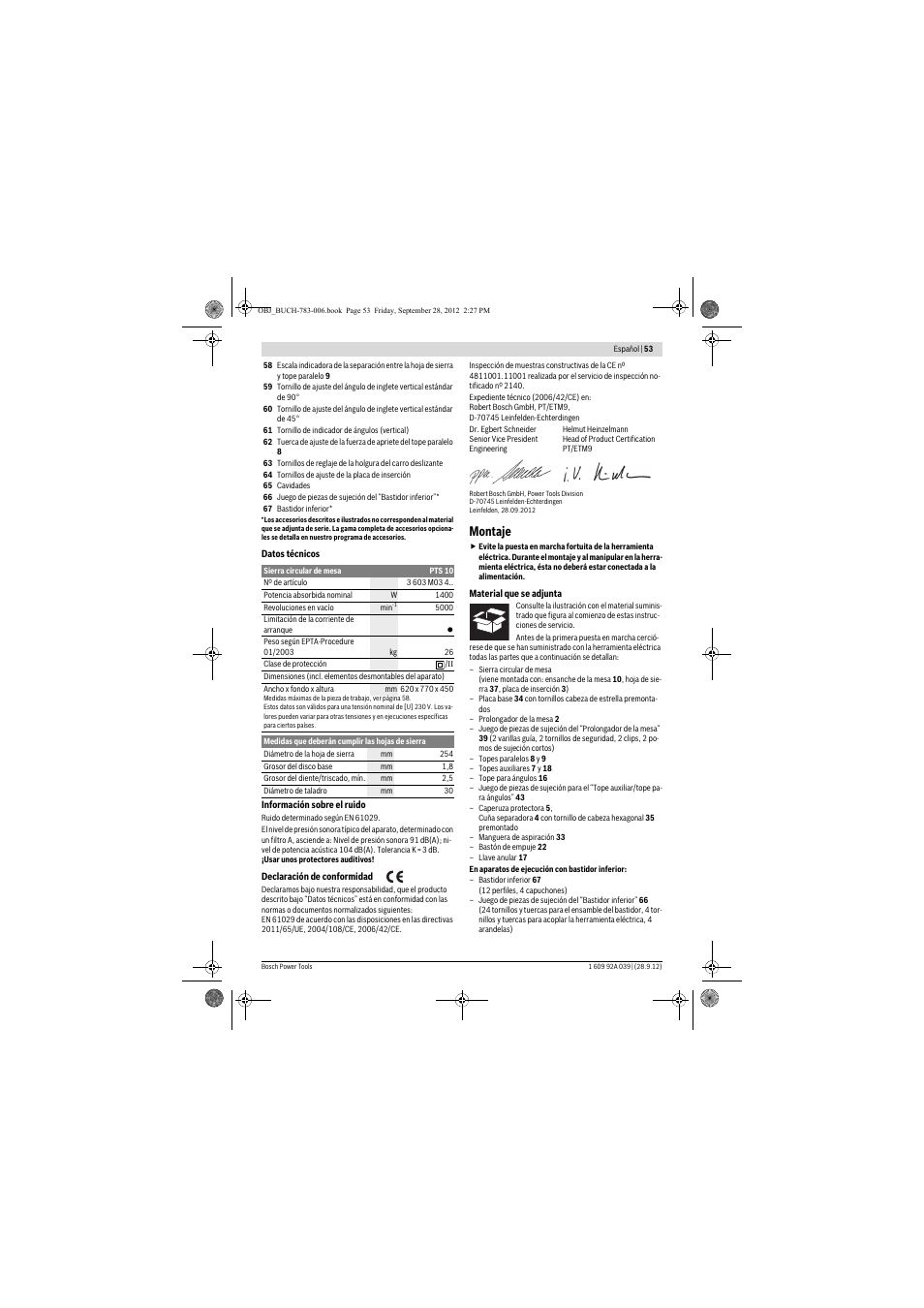 Montaje | Bosch PTS 10 User Manual | Page 53 / 309