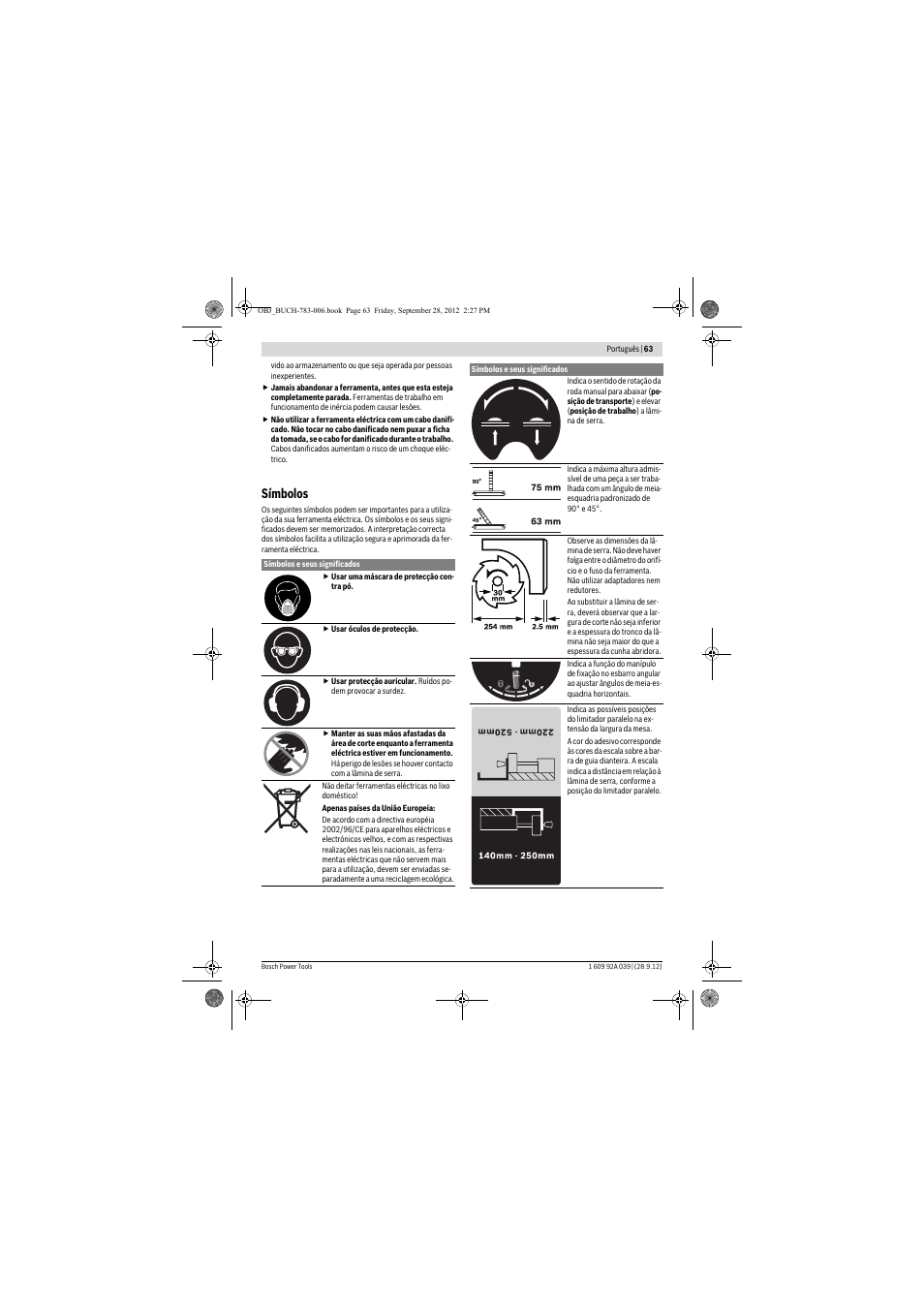 Símbolos | Bosch PTS 10 User Manual | Page 63 / 309