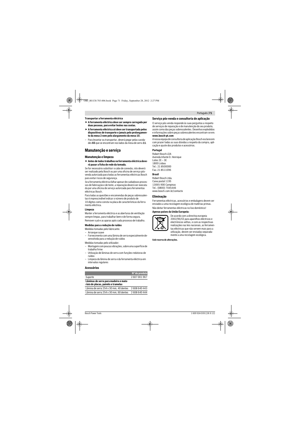 Manutenção e serviço | Bosch PTS 10 User Manual | Page 71 / 309