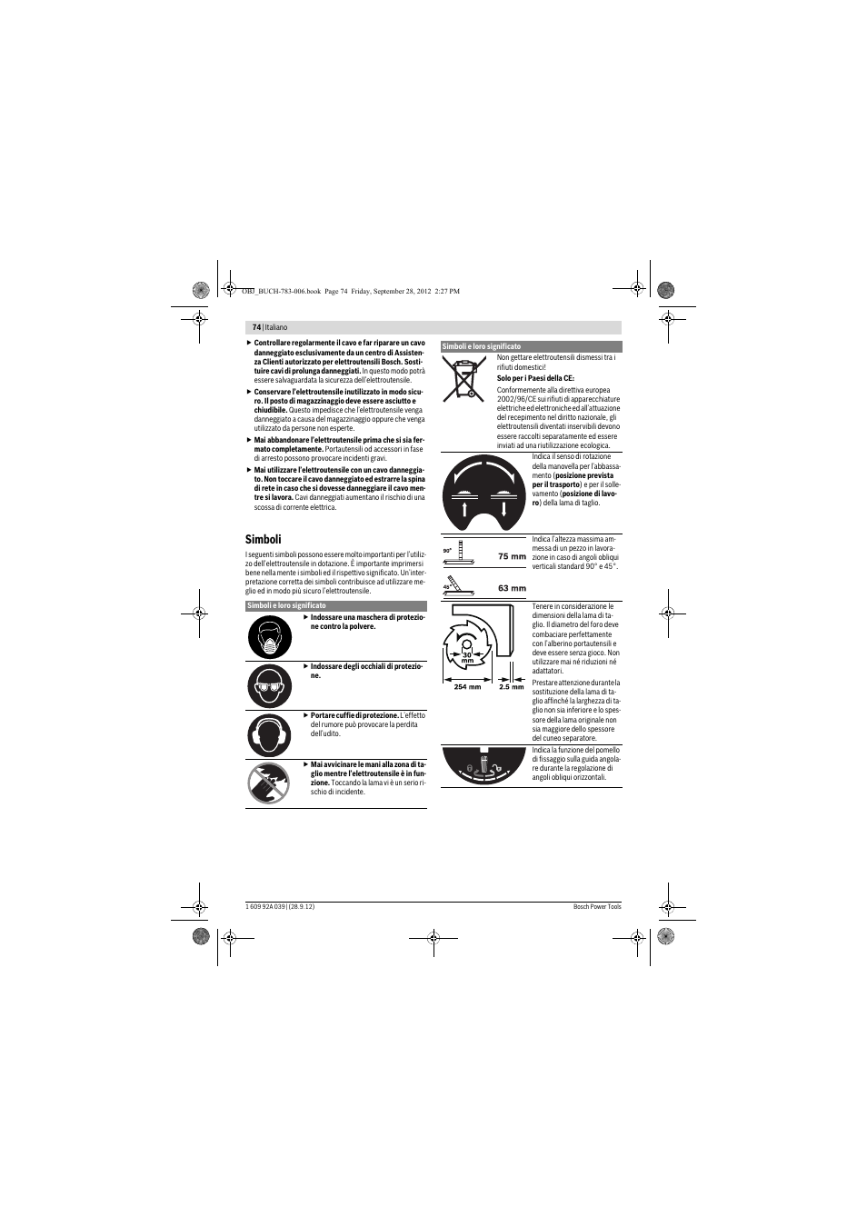 Simboli | Bosch PTS 10 User Manual | Page 74 / 309