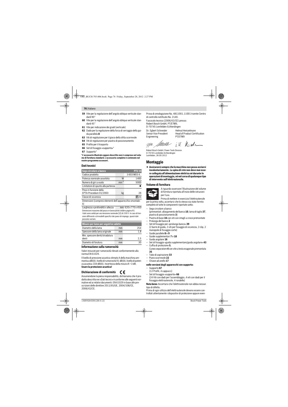 Montaggio | Bosch PTS 10 User Manual | Page 76 / 309