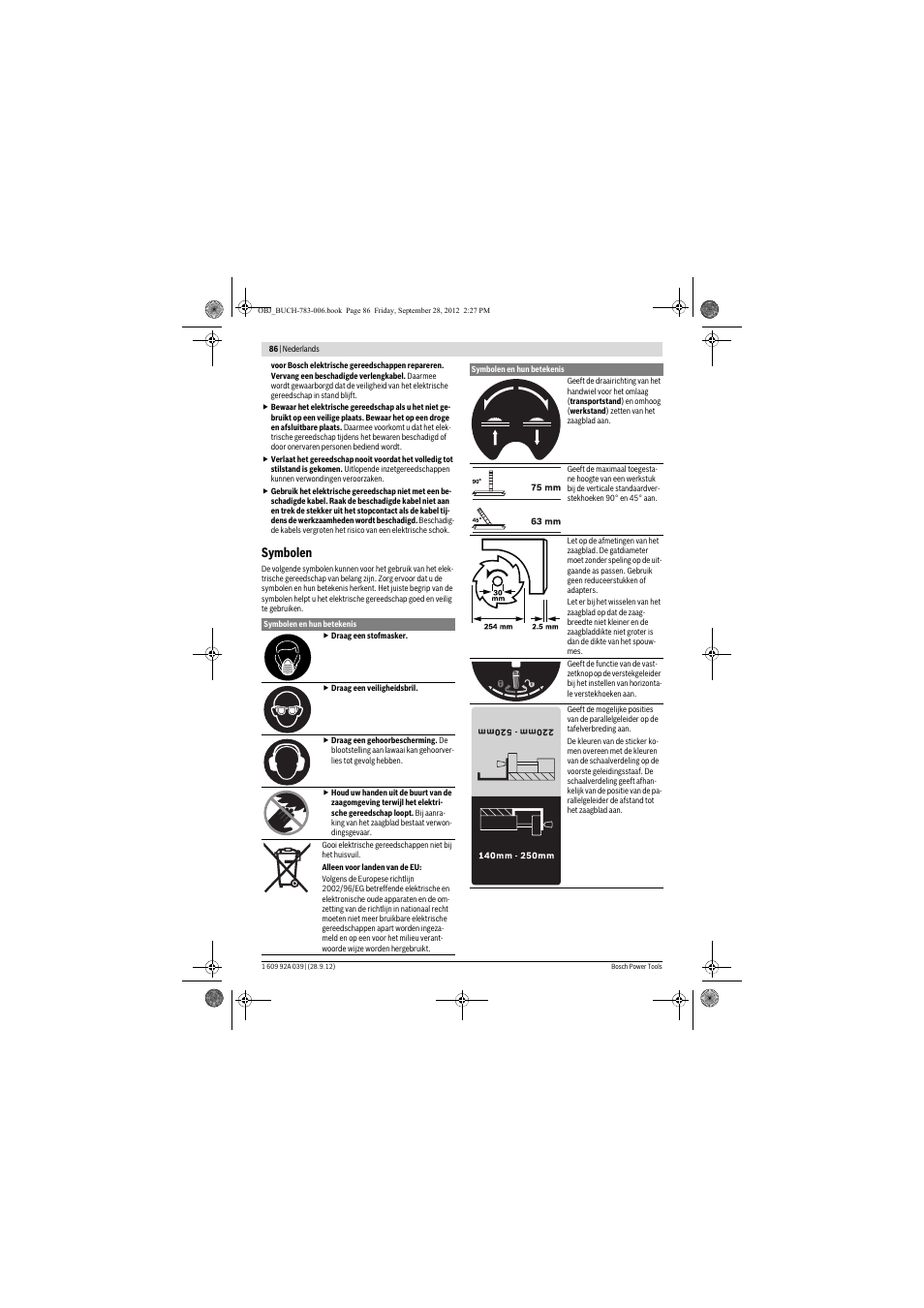 Symbolen | Bosch PTS 10 User Manual | Page 86 / 309