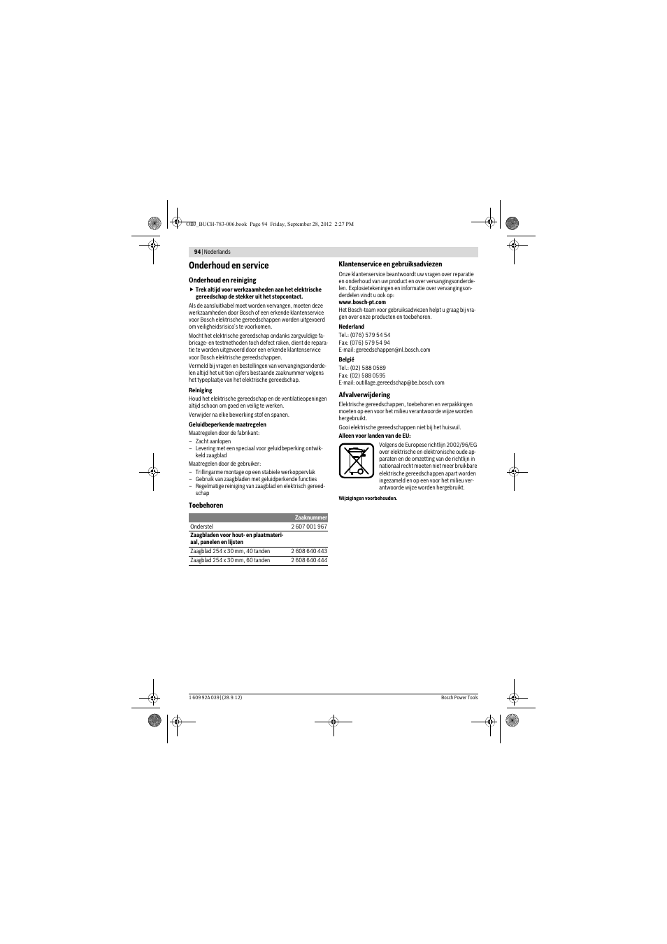 Onderhoud en service | Bosch PTS 10 User Manual | Page 94 / 309