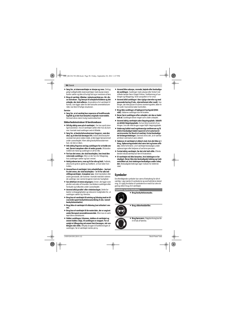 Symboler | Bosch PTS 10 User Manual | Page 96 / 309