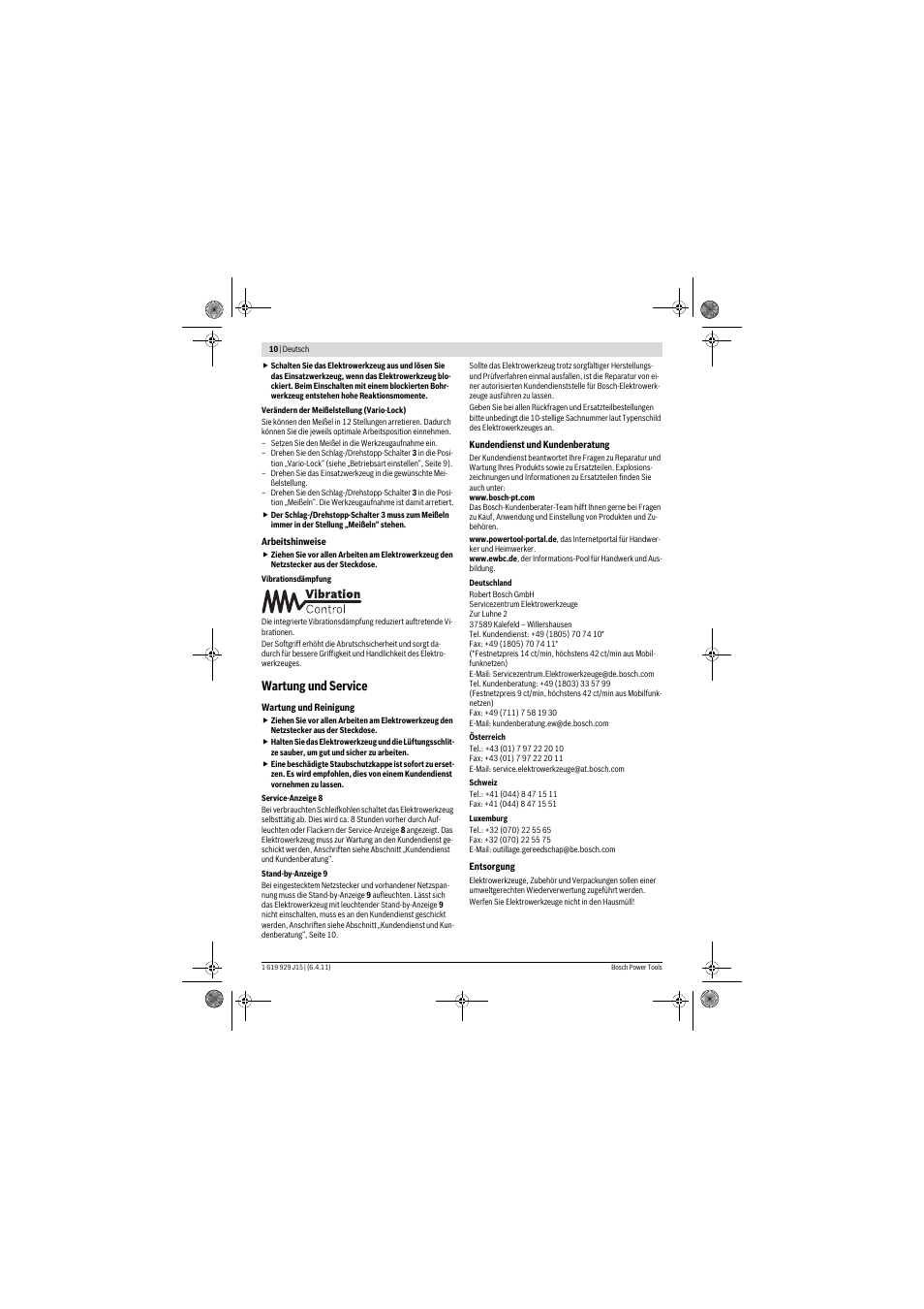 Wartung und service | Bosch GBH 5-40 DCE Professional User Manual | Page 10 / 148