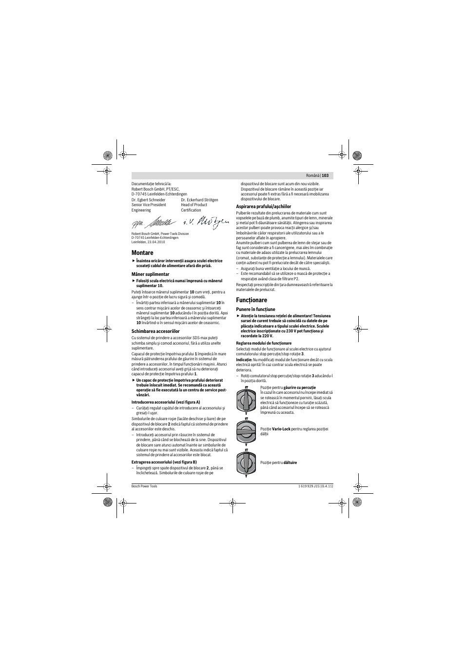 Montare, Funcţionare | Bosch GBH 5-40 DCE Professional User Manual | Page 103 / 148