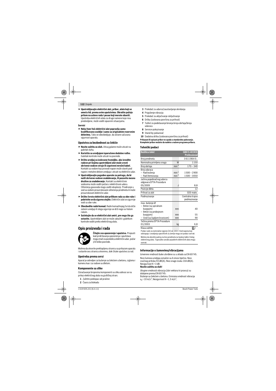 Opis proizvoda i rada | Bosch GBH 5-40 DCE Professional User Manual | Page 112 / 148