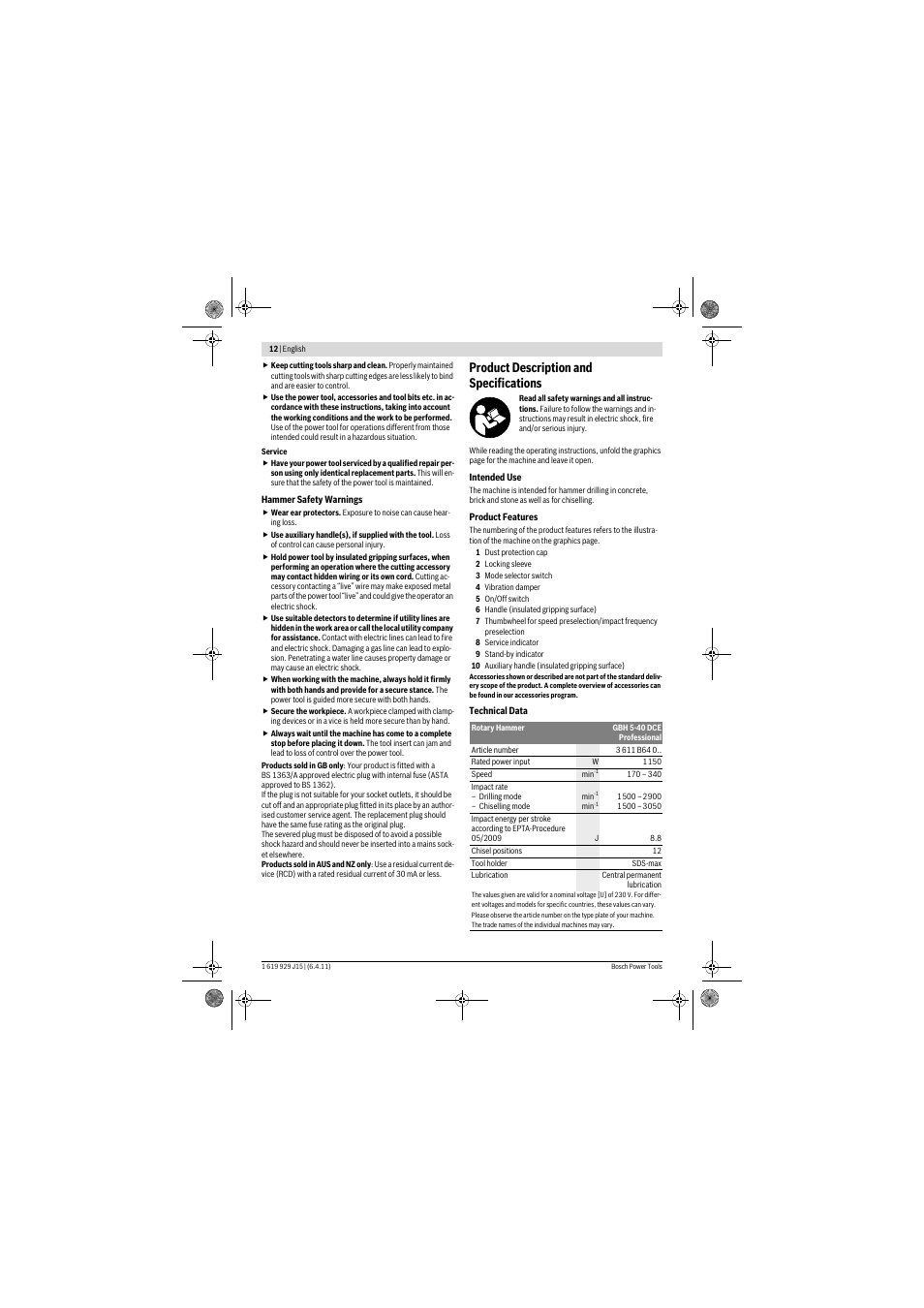 Product description and specifications | Bosch GBH 5-40 DCE Professional User Manual | Page 12 / 148