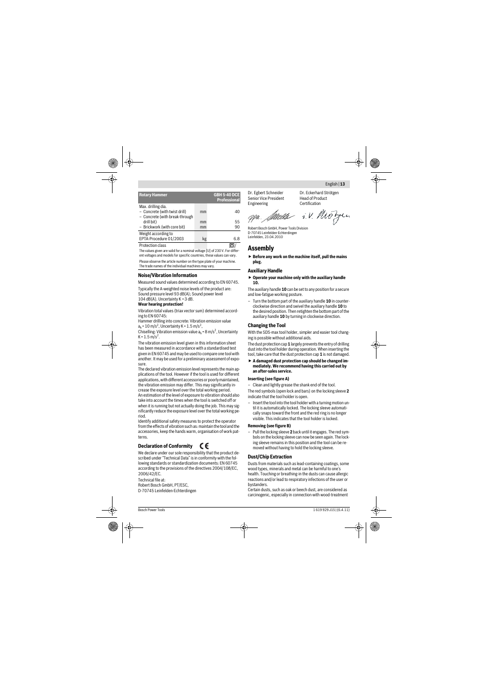 Assembly | Bosch GBH 5-40 DCE Professional User Manual | Page 13 / 148