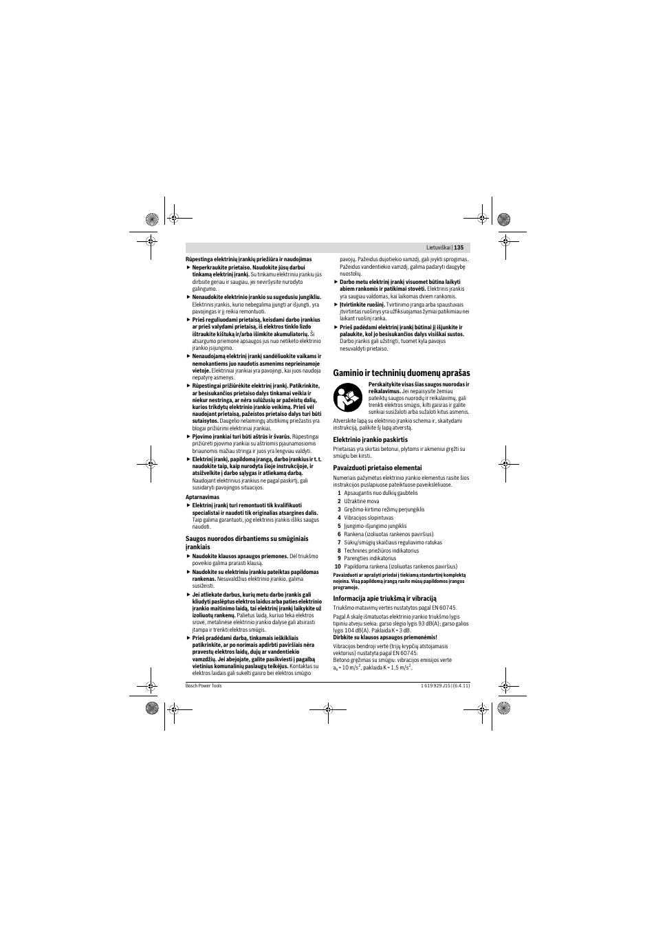 Gaminio ir techninių duomenų aprašas | Bosch GBH 5-40 DCE Professional User Manual | Page 135 / 148