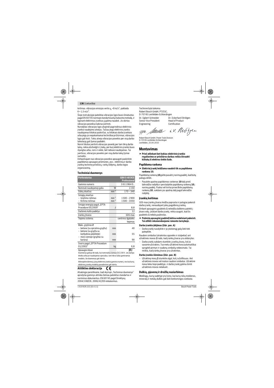 Montavimas | Bosch GBH 5-40 DCE Professional User Manual | Page 136 / 148