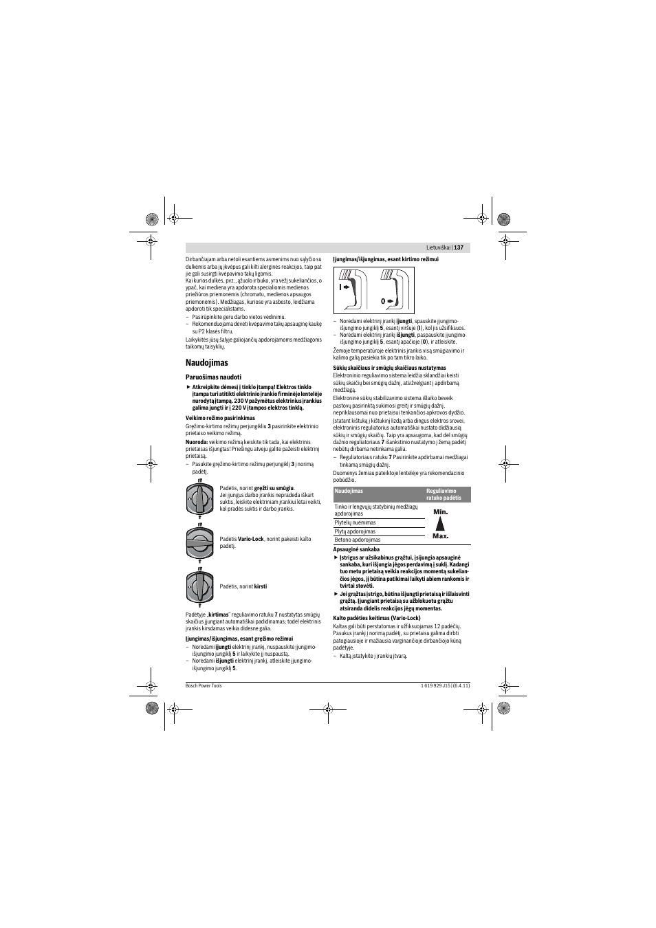 Naudojimas | Bosch GBH 5-40 DCE Professional User Manual | Page 137 / 148