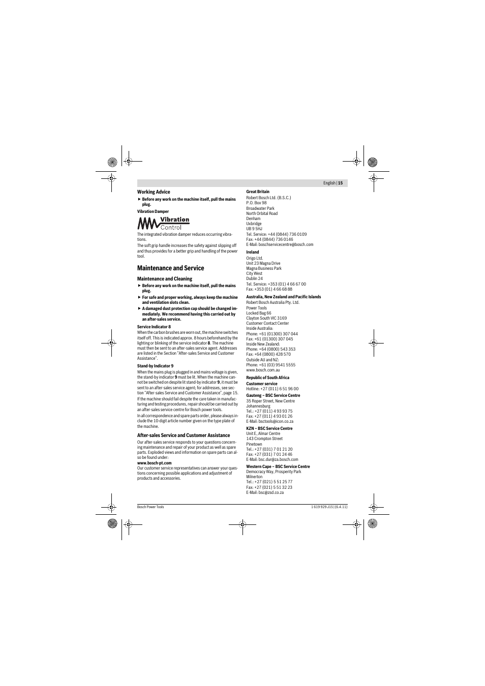 Maintenance and service | Bosch GBH 5-40 DCE Professional User Manual | Page 15 / 148
