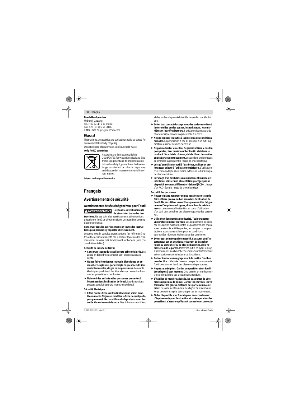 Français, Avertissements de sécurité | Bosch GBH 5-40 DCE Professional User Manual | Page 16 / 148