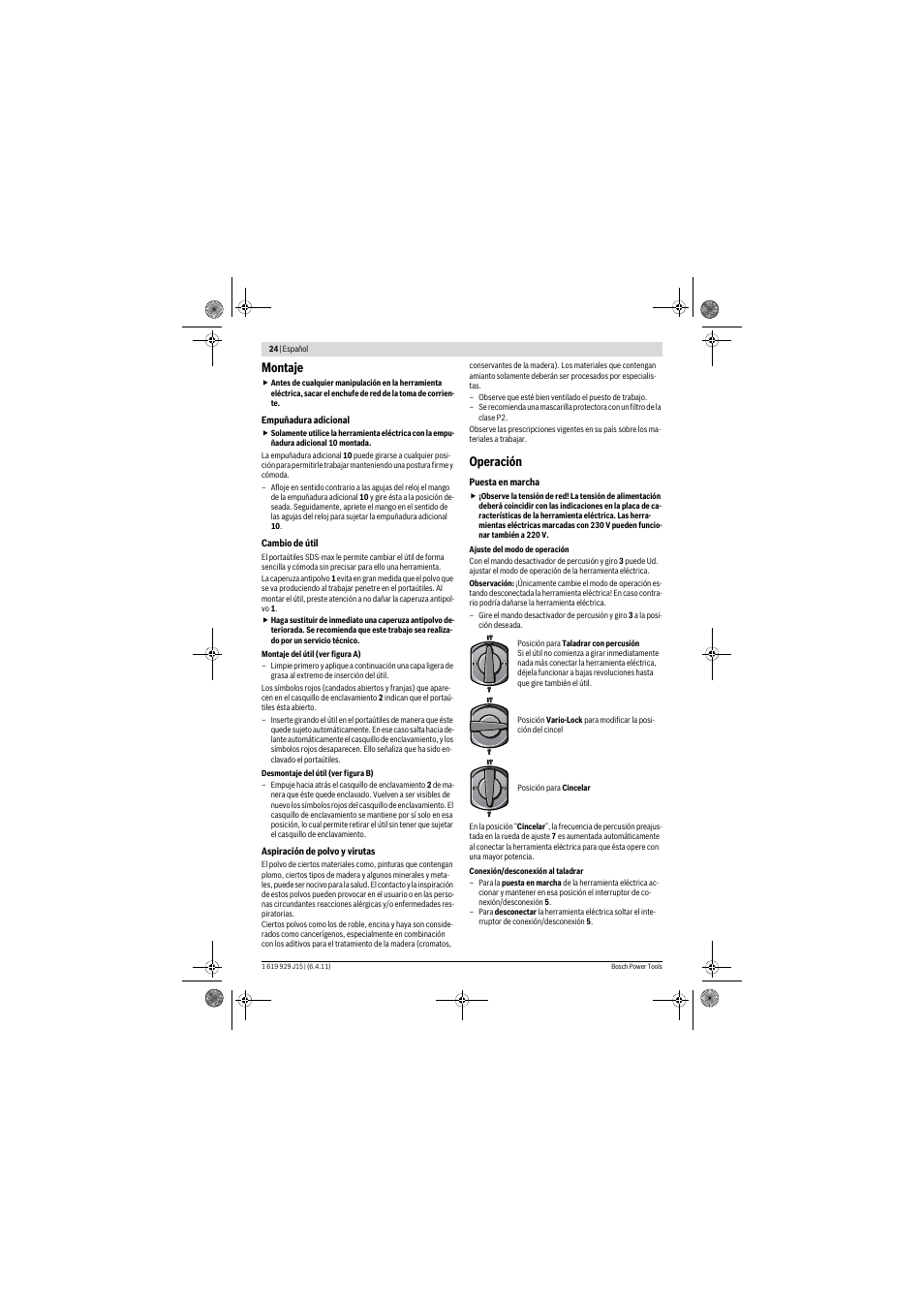 Montaje, Operación | Bosch GBH 5-40 DCE Professional User Manual | Page 24 / 148