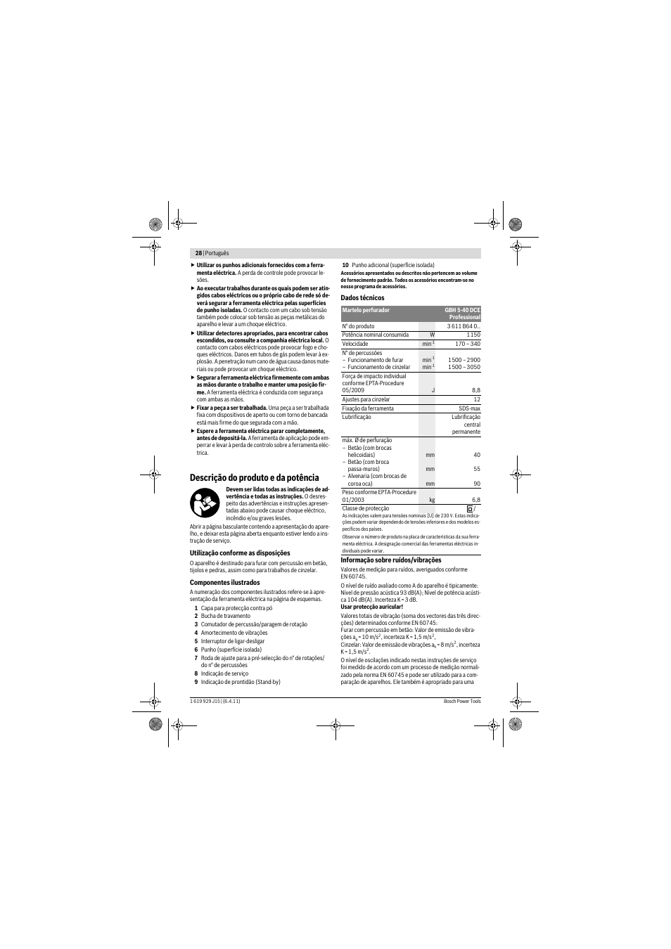 Descrição do produto e da potência | Bosch GBH 5-40 DCE Professional User Manual | Page 28 / 148