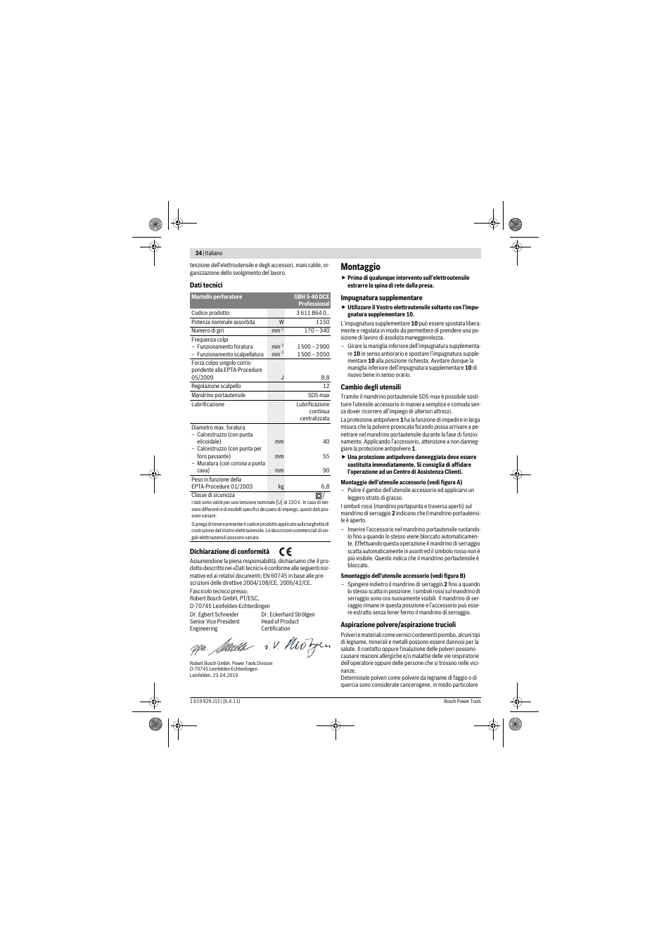 Montaggio | Bosch GBH 5-40 DCE Professional User Manual | Page 34 / 148