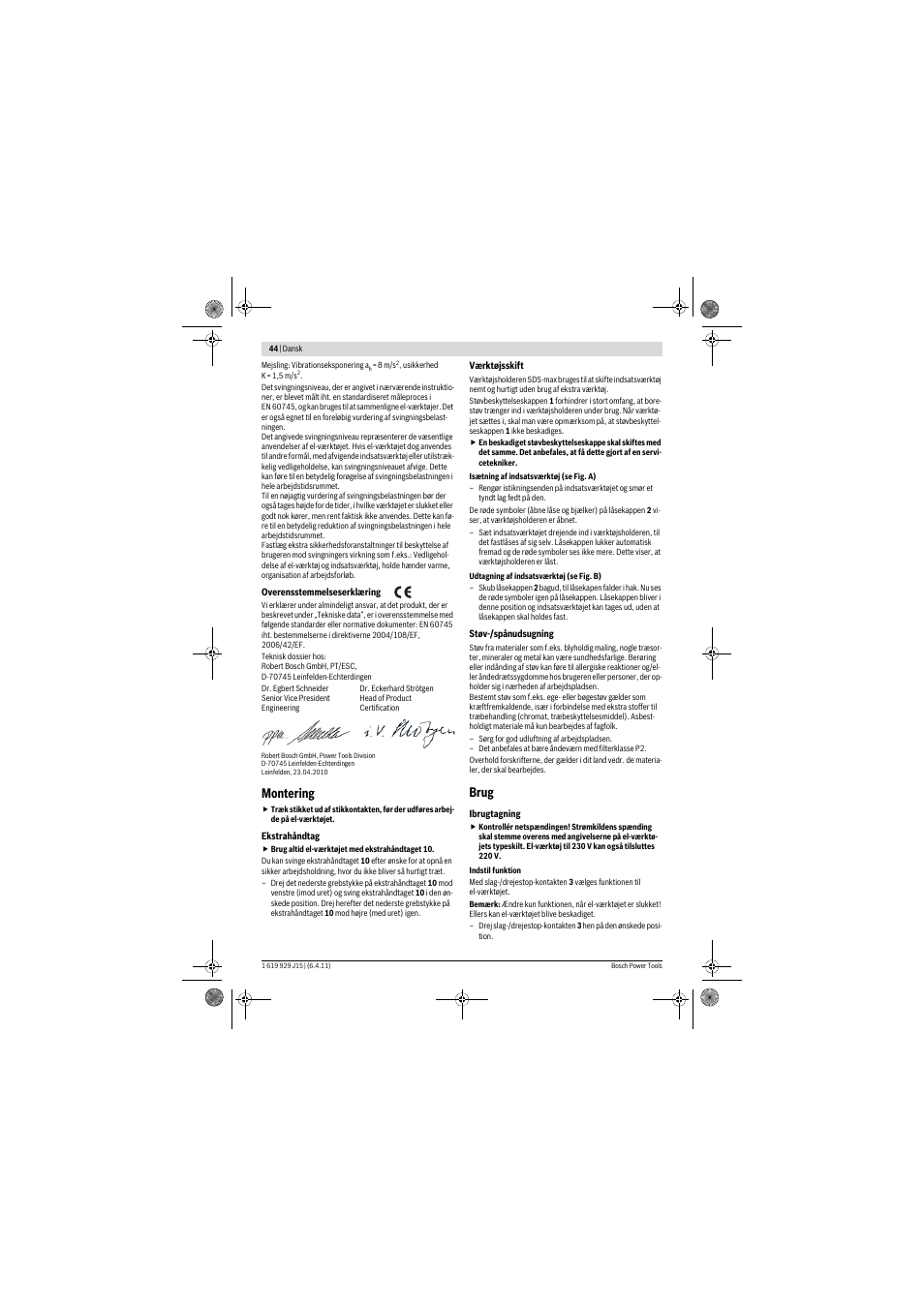 Montering, Brug | Bosch GBH 5-40 DCE Professional User Manual | Page 44 / 148
