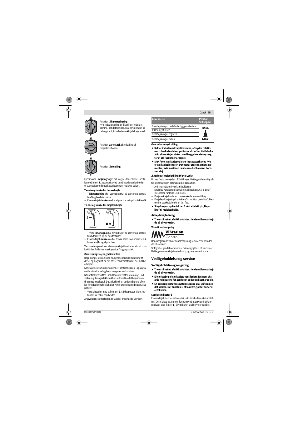 Vedligeholdelse og service | Bosch GBH 5-40 DCE Professional User Manual | Page 45 / 148