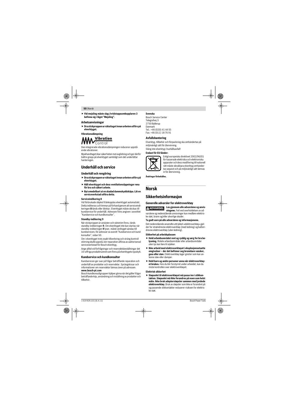 Norsk, Underhåll och service, Sikkerhetsinformasjon | Bosch GBH 5-40 DCE Professional User Manual | Page 50 / 148