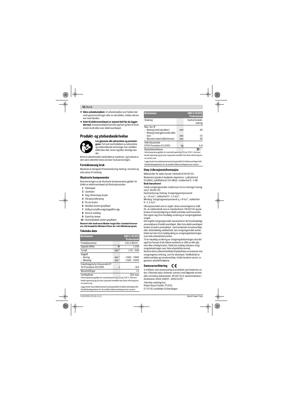 Produkt- og ytelsesbeskrivelse | Bosch GBH 5-40 DCE Professional User Manual | Page 52 / 148