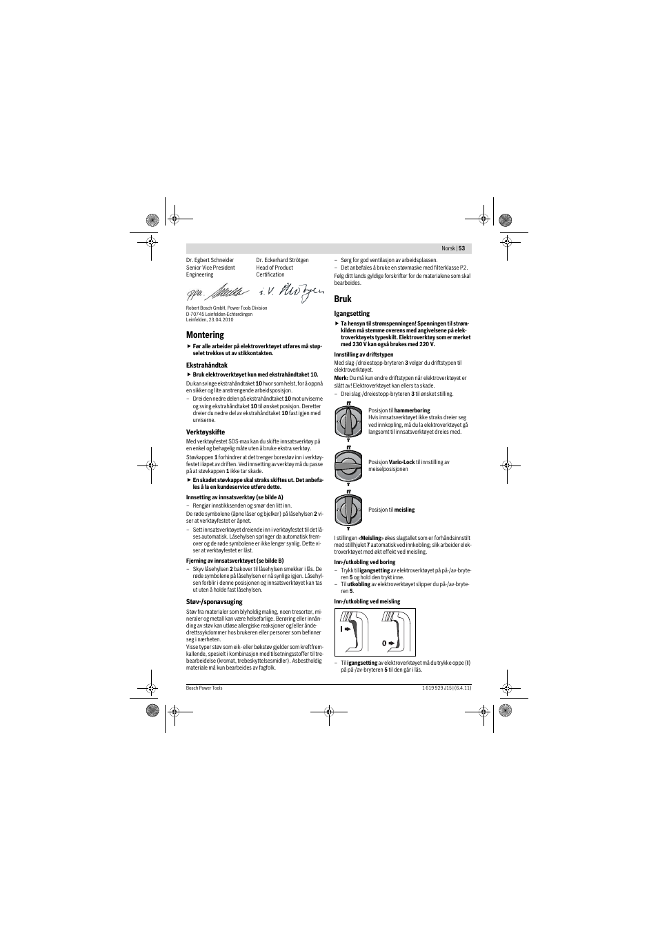 Montering, Bruk | Bosch GBH 5-40 DCE Professional User Manual | Page 53 / 148