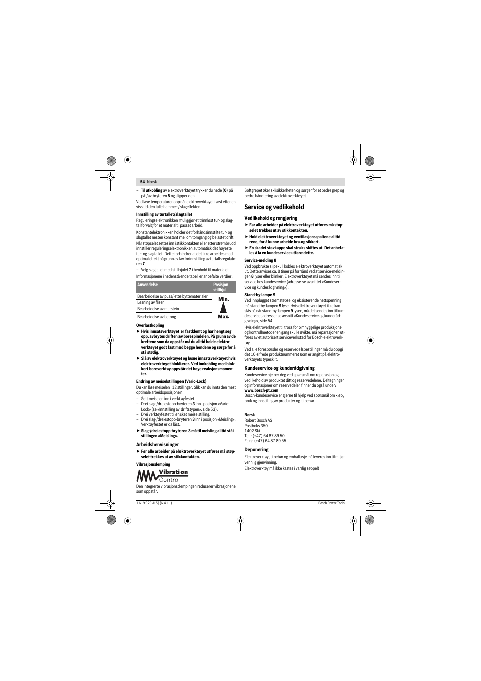 Service og vedlikehold | Bosch GBH 5-40 DCE Professional User Manual | Page 54 / 148