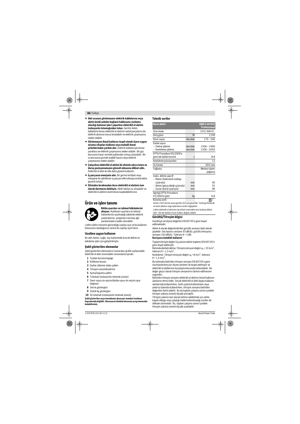 Ürün ve işlev tan m | Bosch GBH 5-40 DCE Professional User Manual | Page 66 / 148