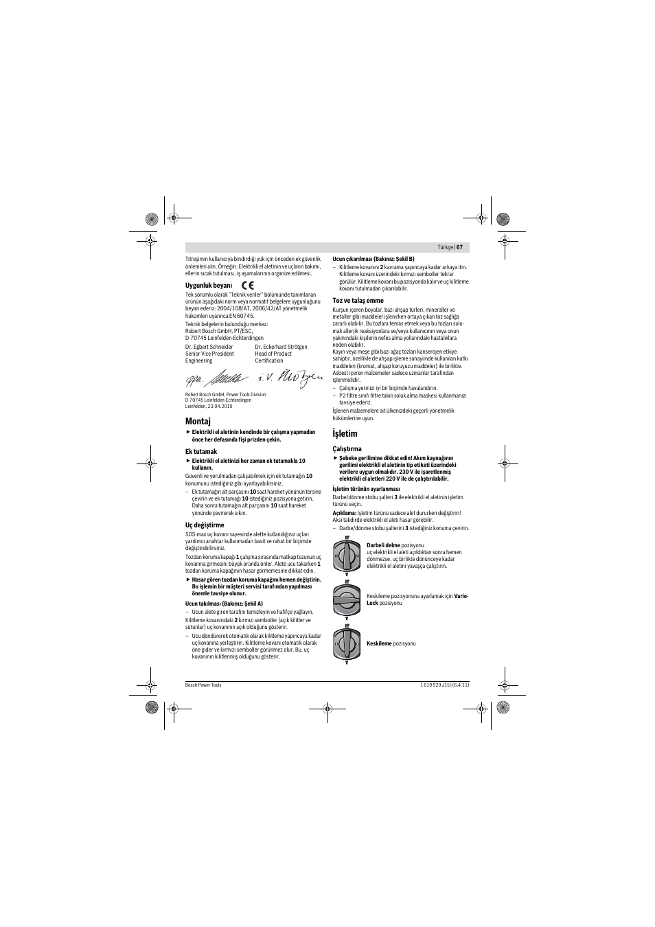 Montaj, Işletim | Bosch GBH 5-40 DCE Professional User Manual | Page 67 / 148