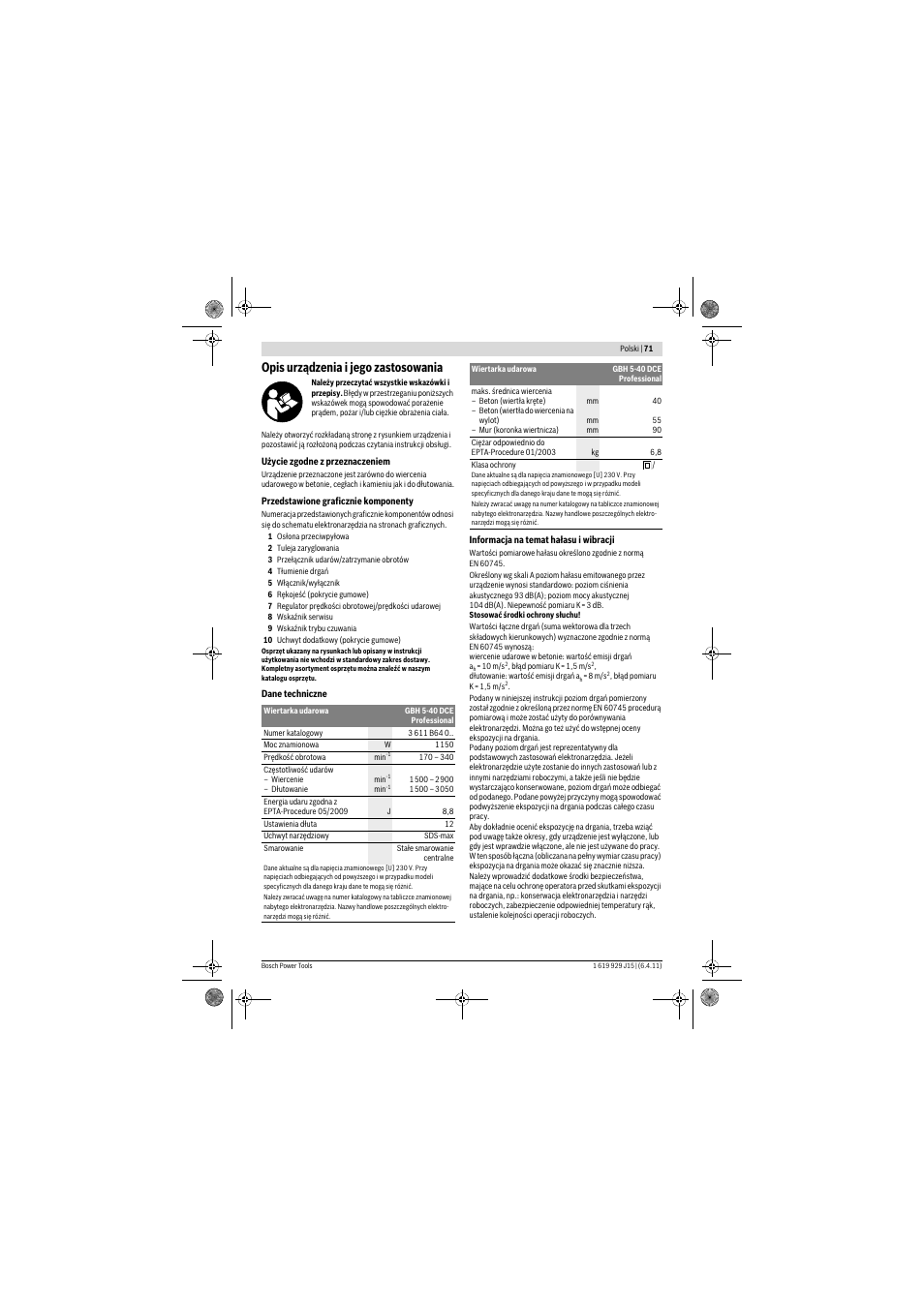 Opis urządzenia i jego zastosowania | Bosch GBH 5-40 DCE Professional User Manual | Page 71 / 148