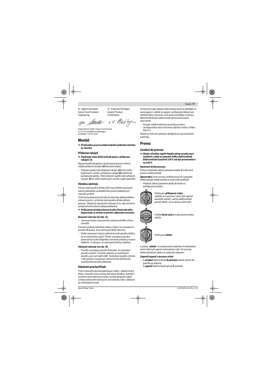 Montáž, Provoz | Bosch GBH 5-40 DCE Professional User Manual | Page 77 / 148