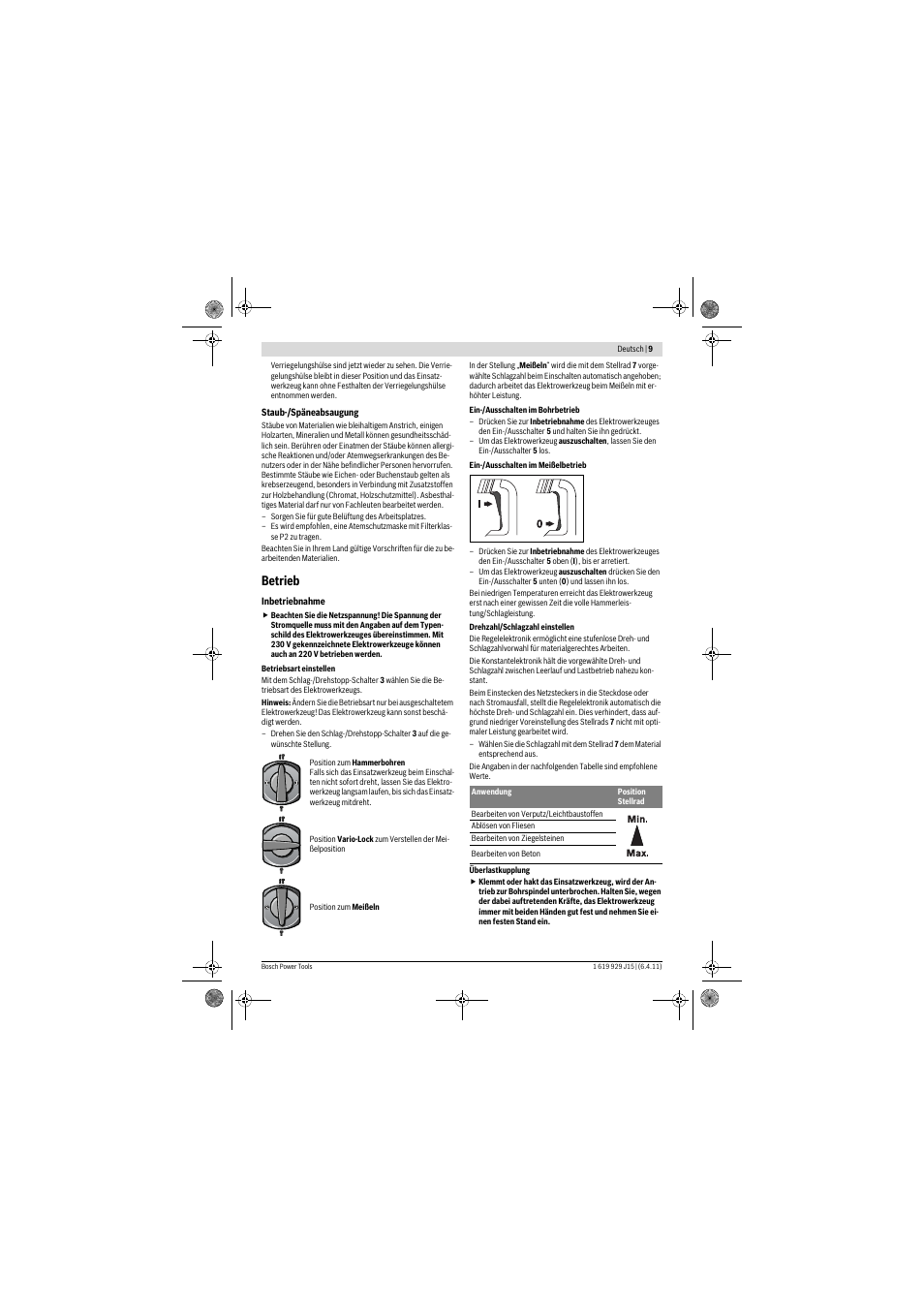 Betrieb | Bosch GBH 5-40 DCE Professional User Manual | Page 9 / 148