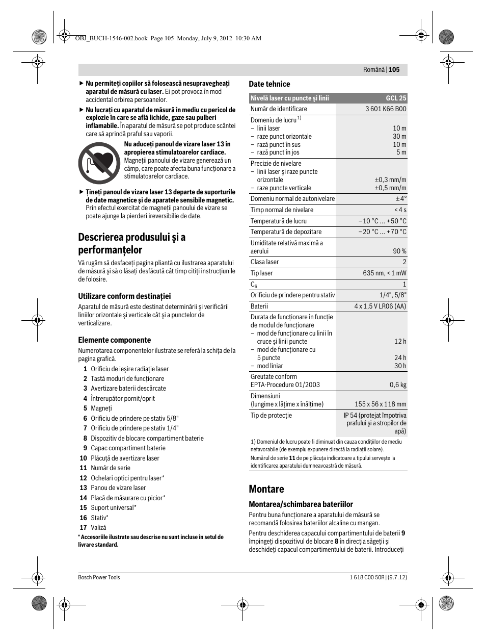 Descrierea produsului şi a performanţelor, Montare | Bosch GCL 25 Professional User Manual | Page 105 / 190