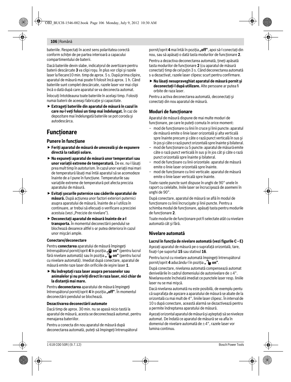 Funcţionare | Bosch GCL 25 Professional User Manual | Page 106 / 190