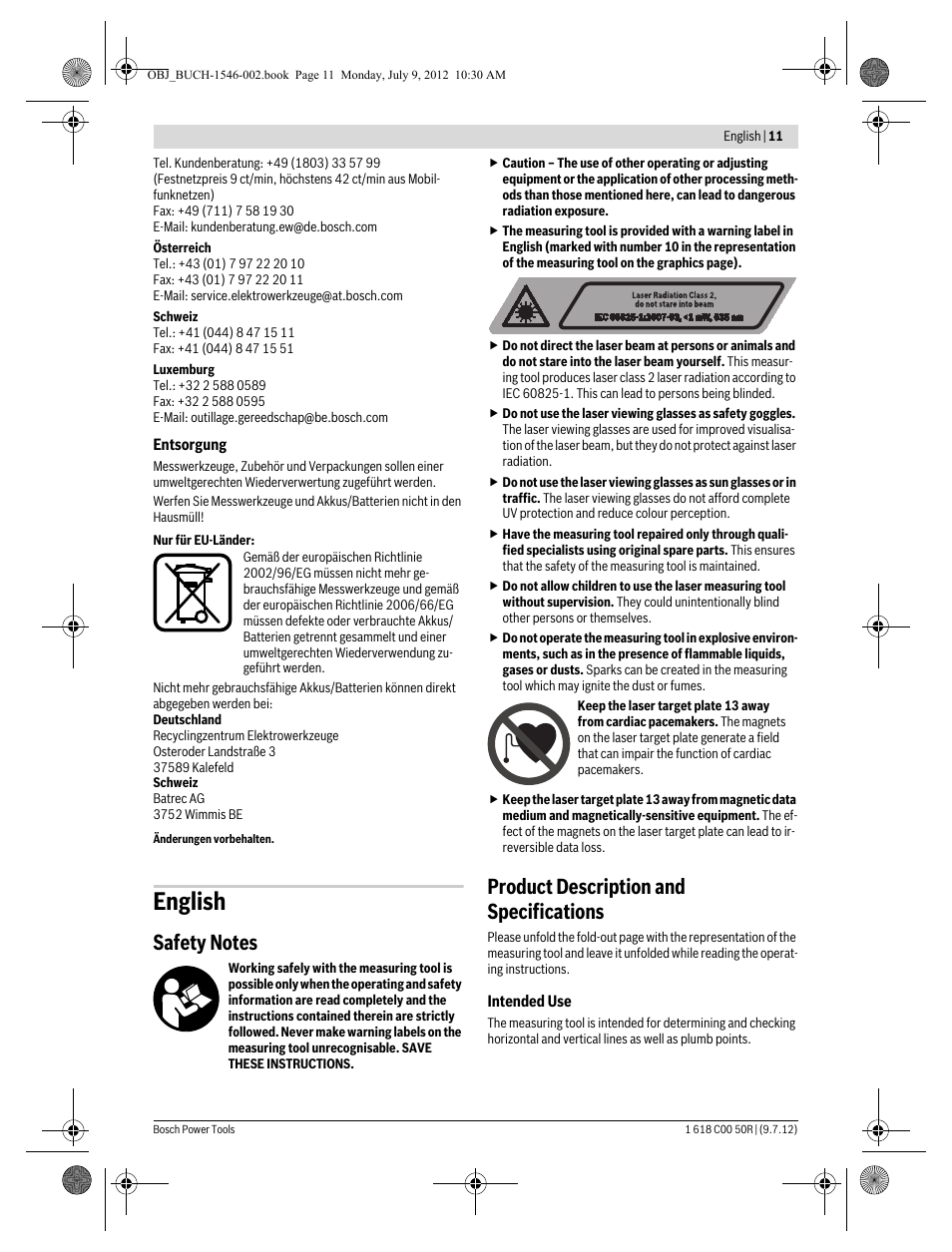 English, Product description and specifications | Bosch GCL 25 Professional User Manual | Page 11 / 190